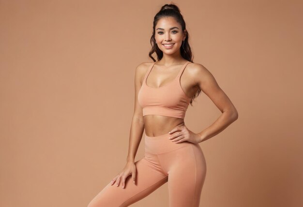 Fit young woman in peach activewear smiling confidently on matching background.