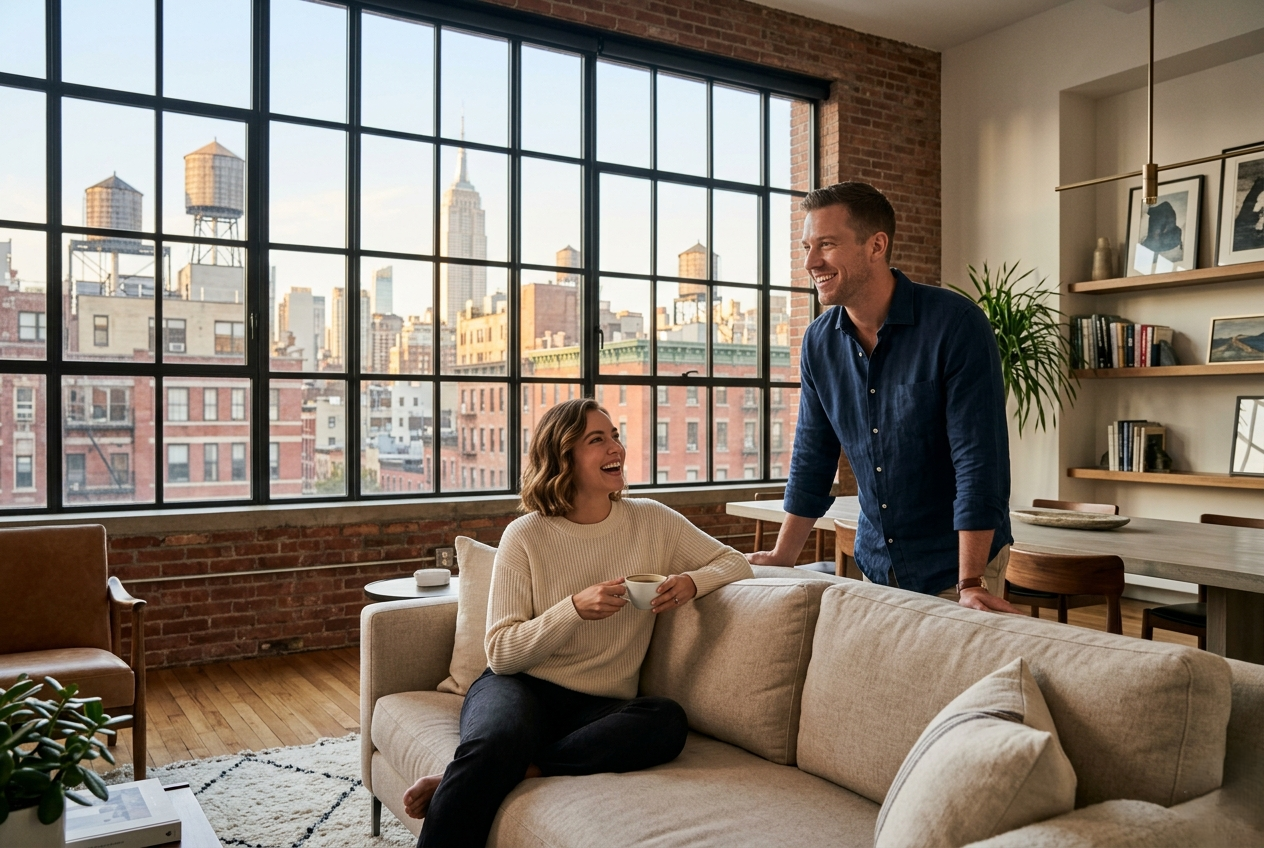 A couple relaxing in a modern apartment with a city skyline view through large windows and a cozy interior setting.