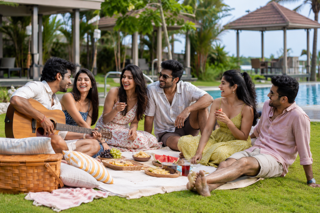 Poolside picnic with friends and music